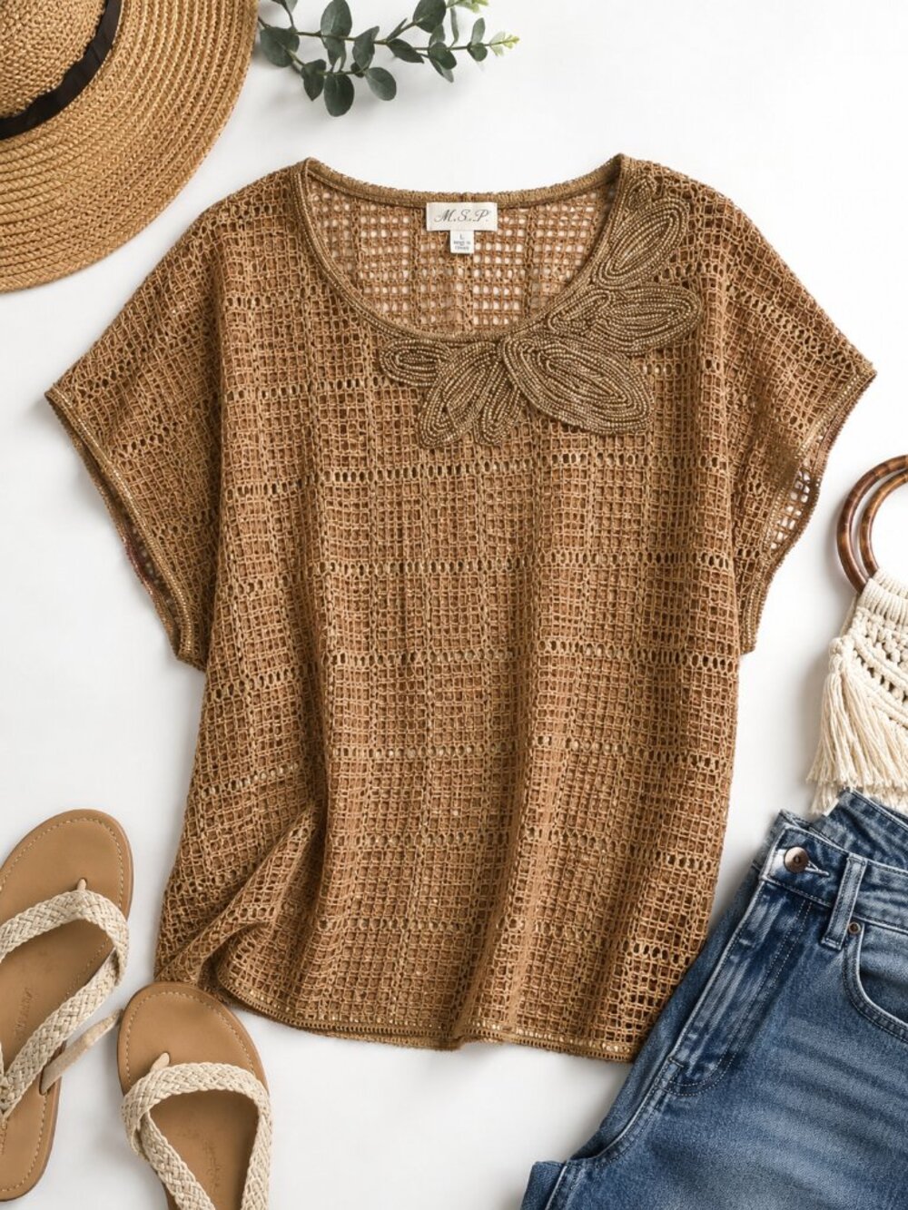 Max Studio Specialty Products MSSP Open Knit Crochet Top Beaded Neck Tan Gold